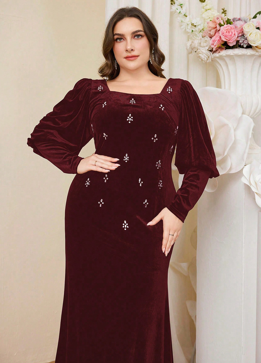 Бордовое праздничный, вечернее платье годе SHEIN однотонное