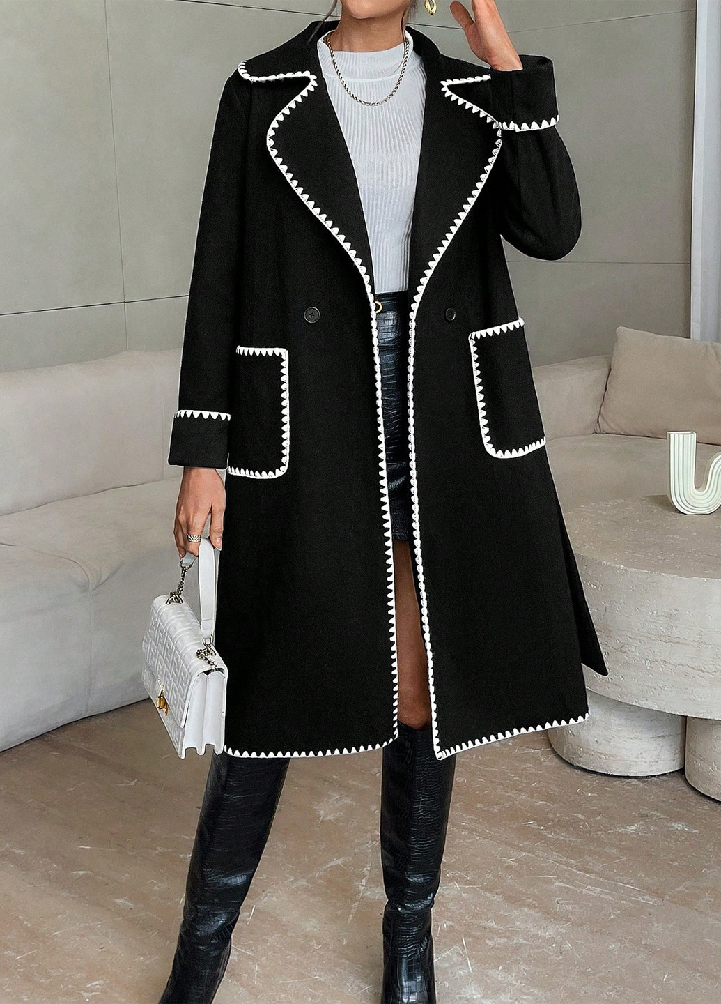 Черное демисезонное Пальто двубортное SHEIN