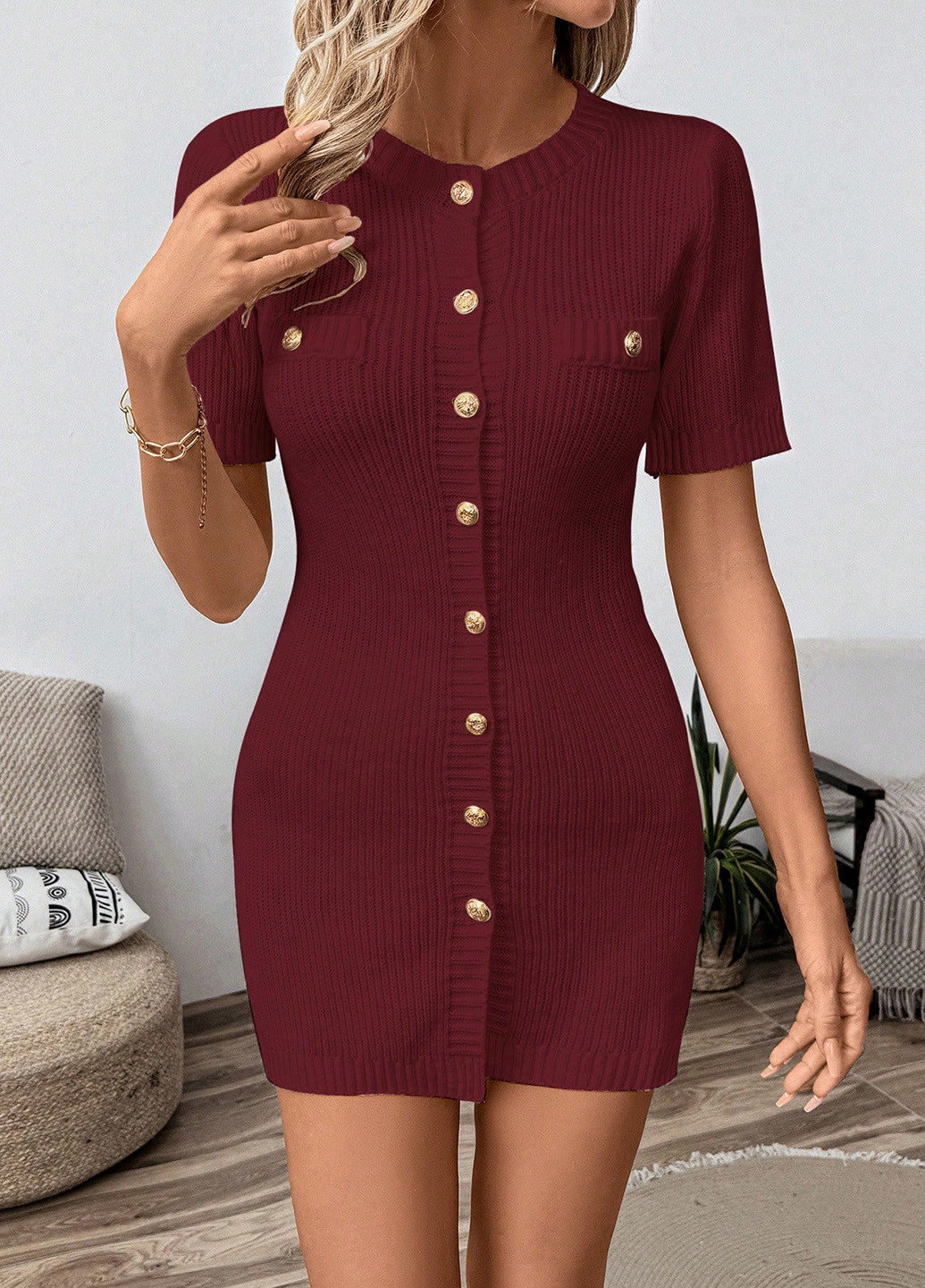 Бордова кежуал сукня силуетна, сукня светр SHEIN однотонна