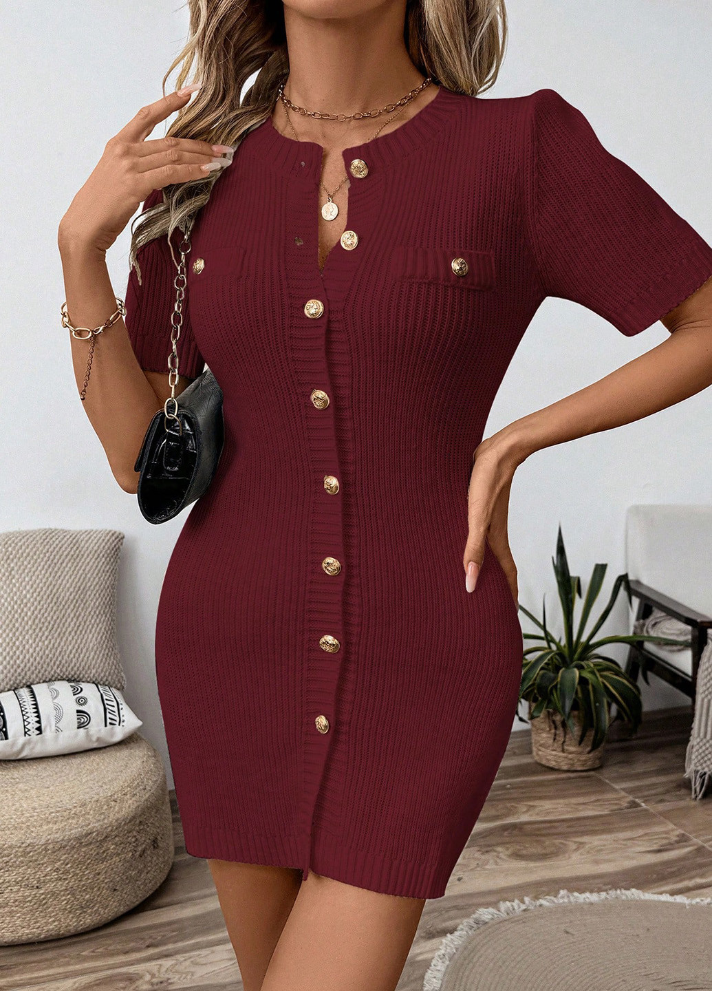 Бордова кежуал сукня силуетна, сукня светр SHEIN однотонна