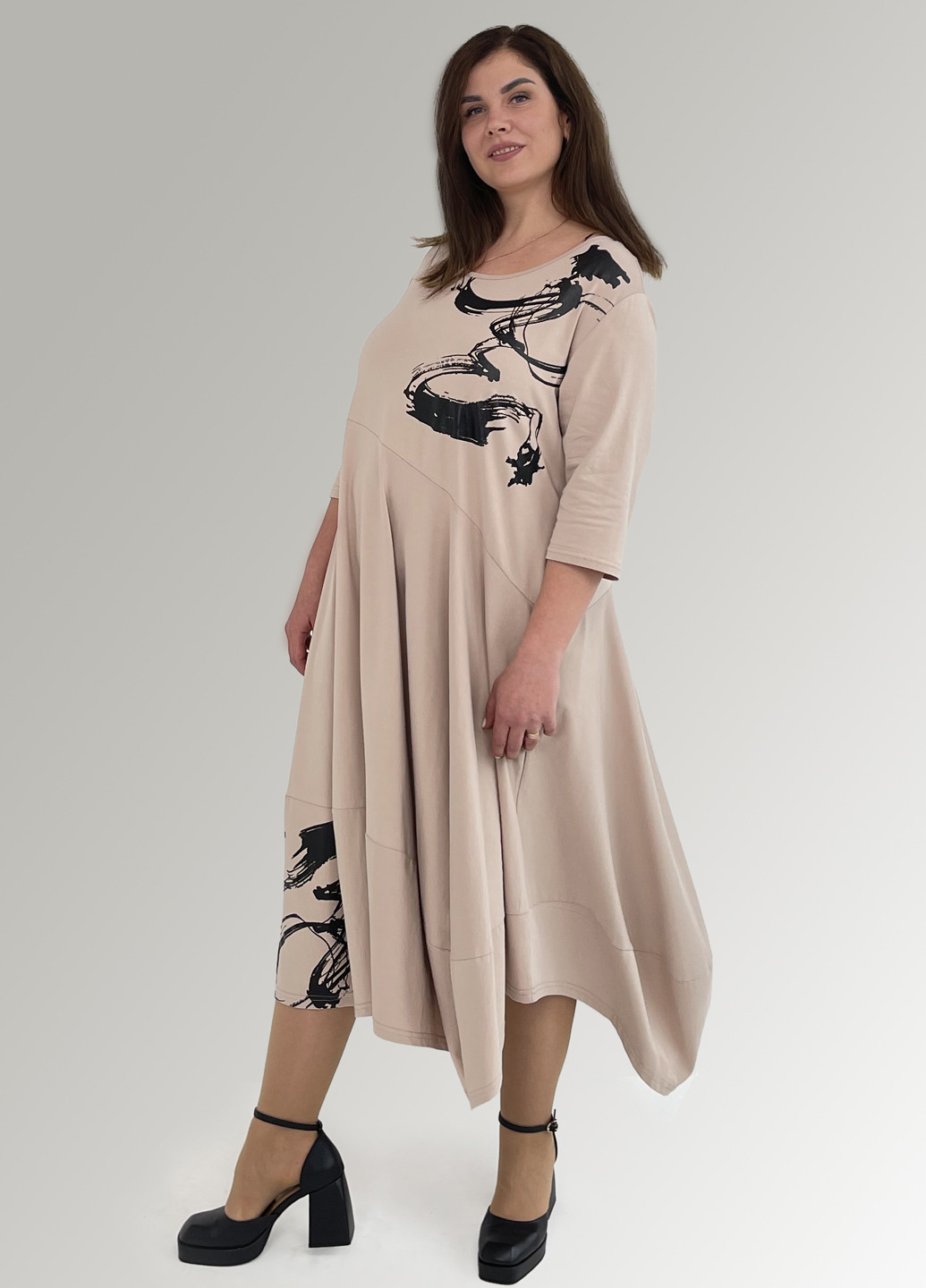 Кофейное кэжуал платье а-силуэт Hookk Design с рисунком