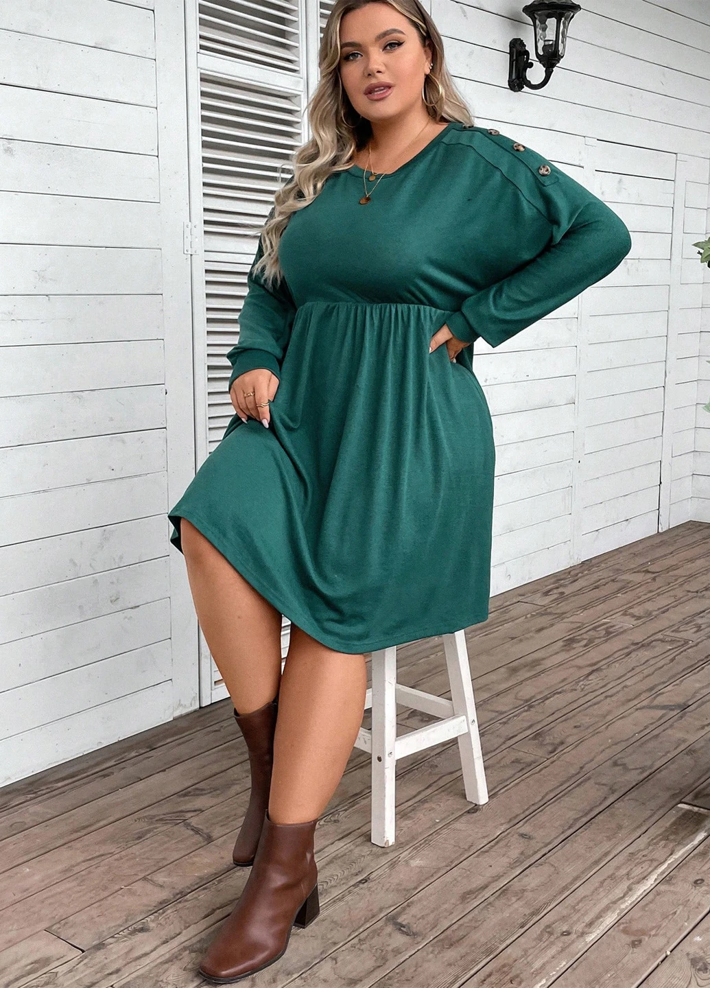 Изумрудное кэжуал платье SHEIN однотонное