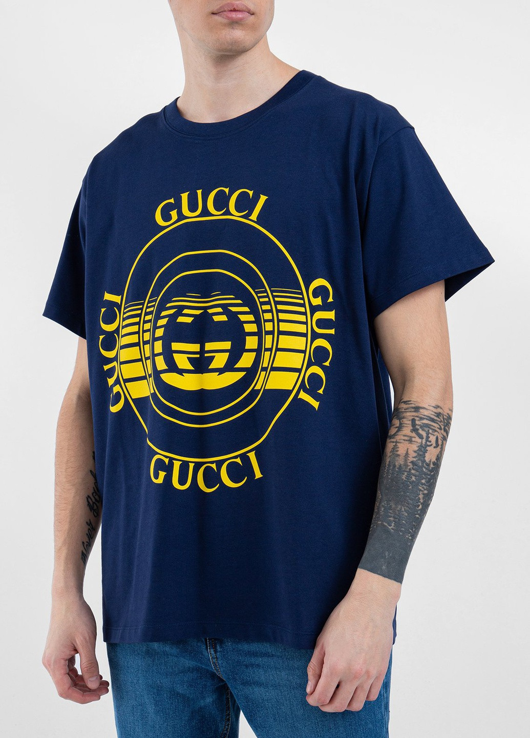 Темно-синяя белая футболка с принтом Gucci