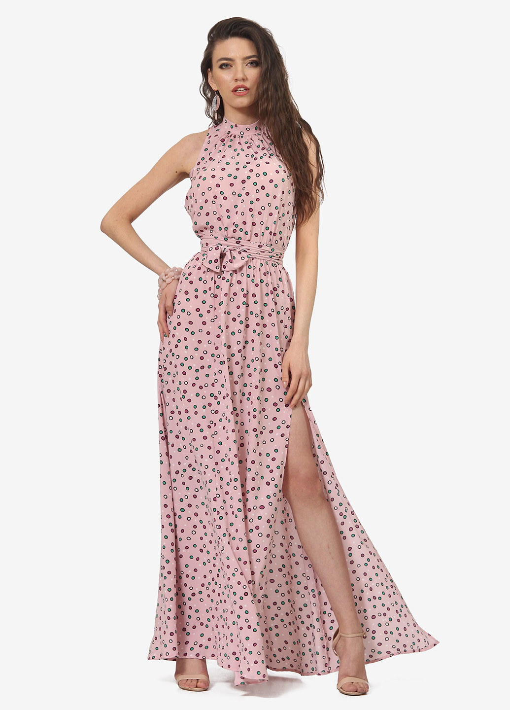 Розовое кэжуал платье клеш, с открытыми плечами Lila Kass в горошек