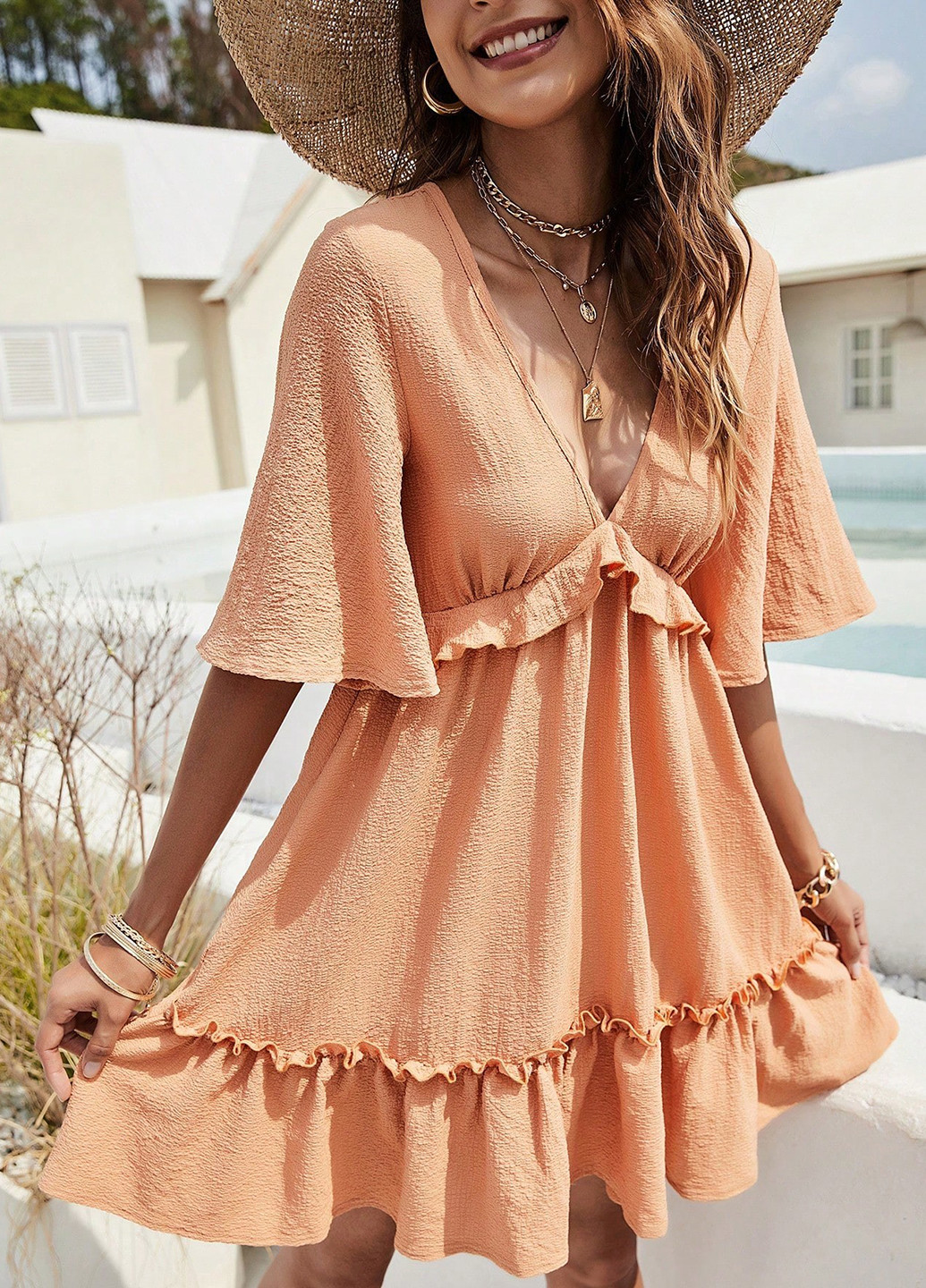 Персиковое кэжуал, коктейльное платье а-силуэт SHEIN однотонное