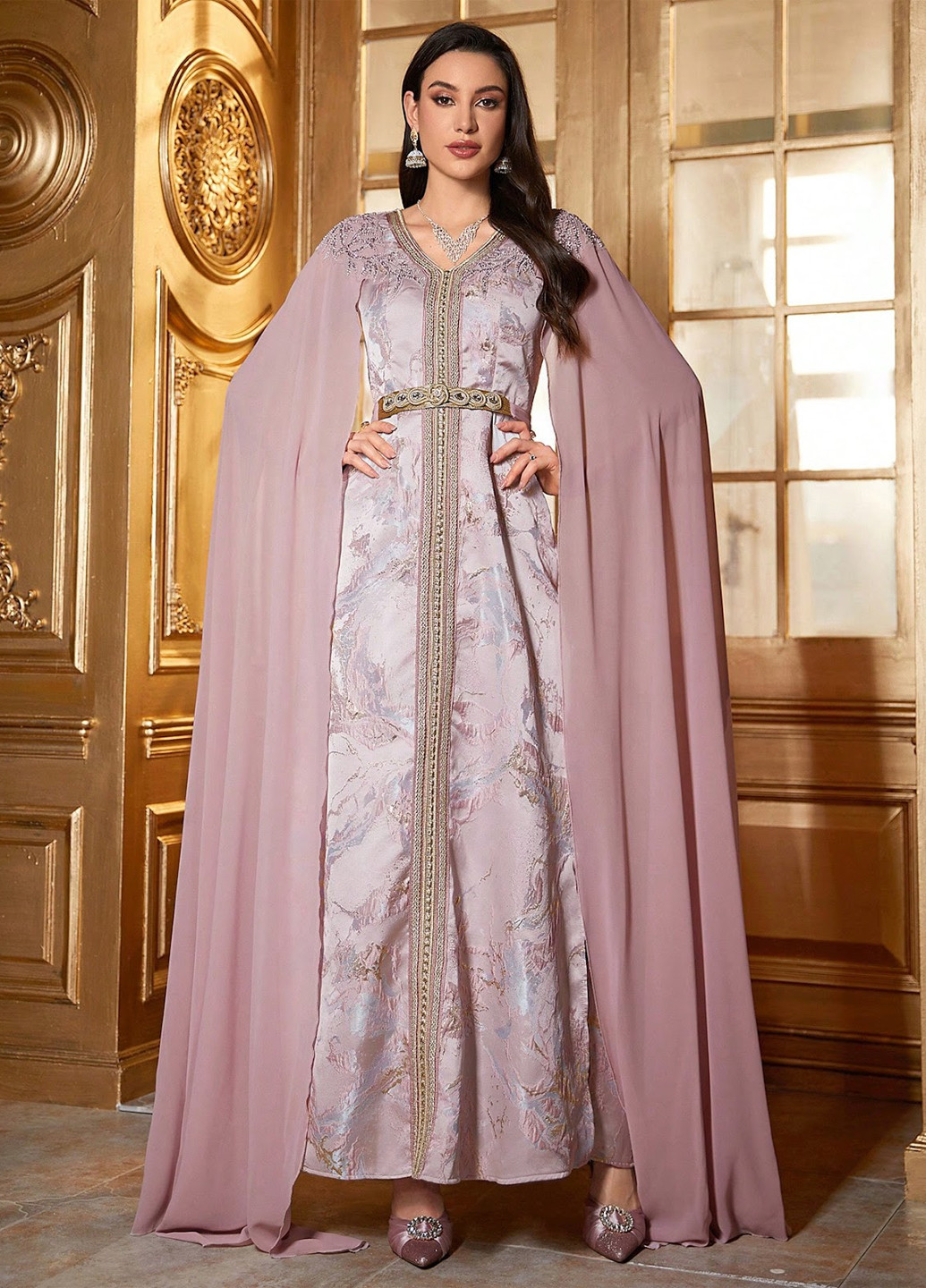 Пудрова вечірня сукня кльош, сукня-кейп SHEIN з абстрактним візерунком