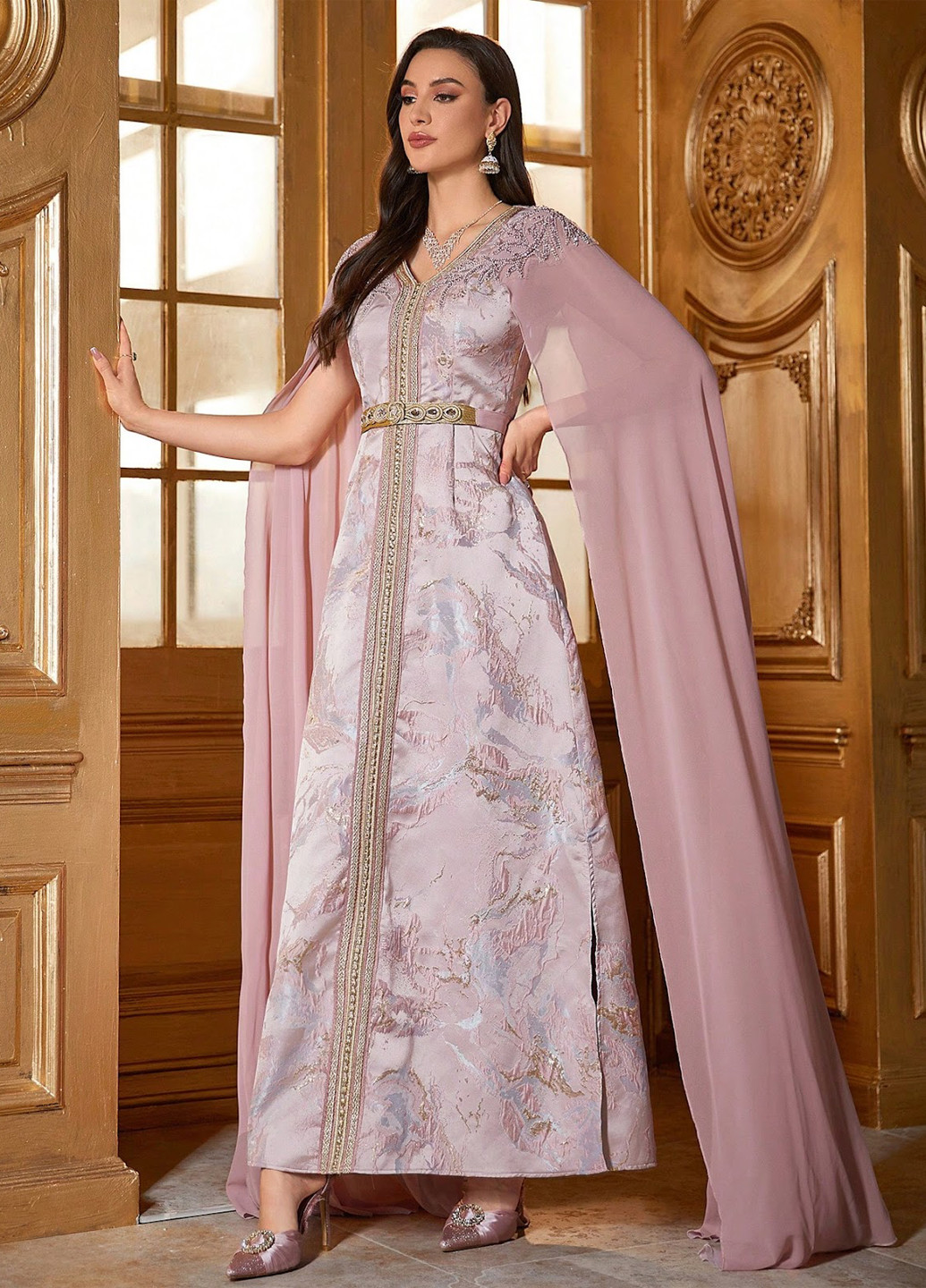 Пудрова вечірня сукня кльош, сукня-кейп SHEIN з абстрактним візерунком