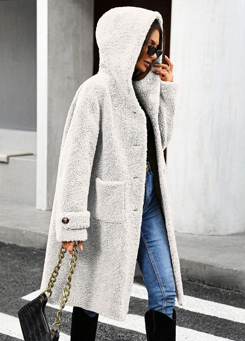 Светло-серое зимнее Пальто однобортное SHEIN