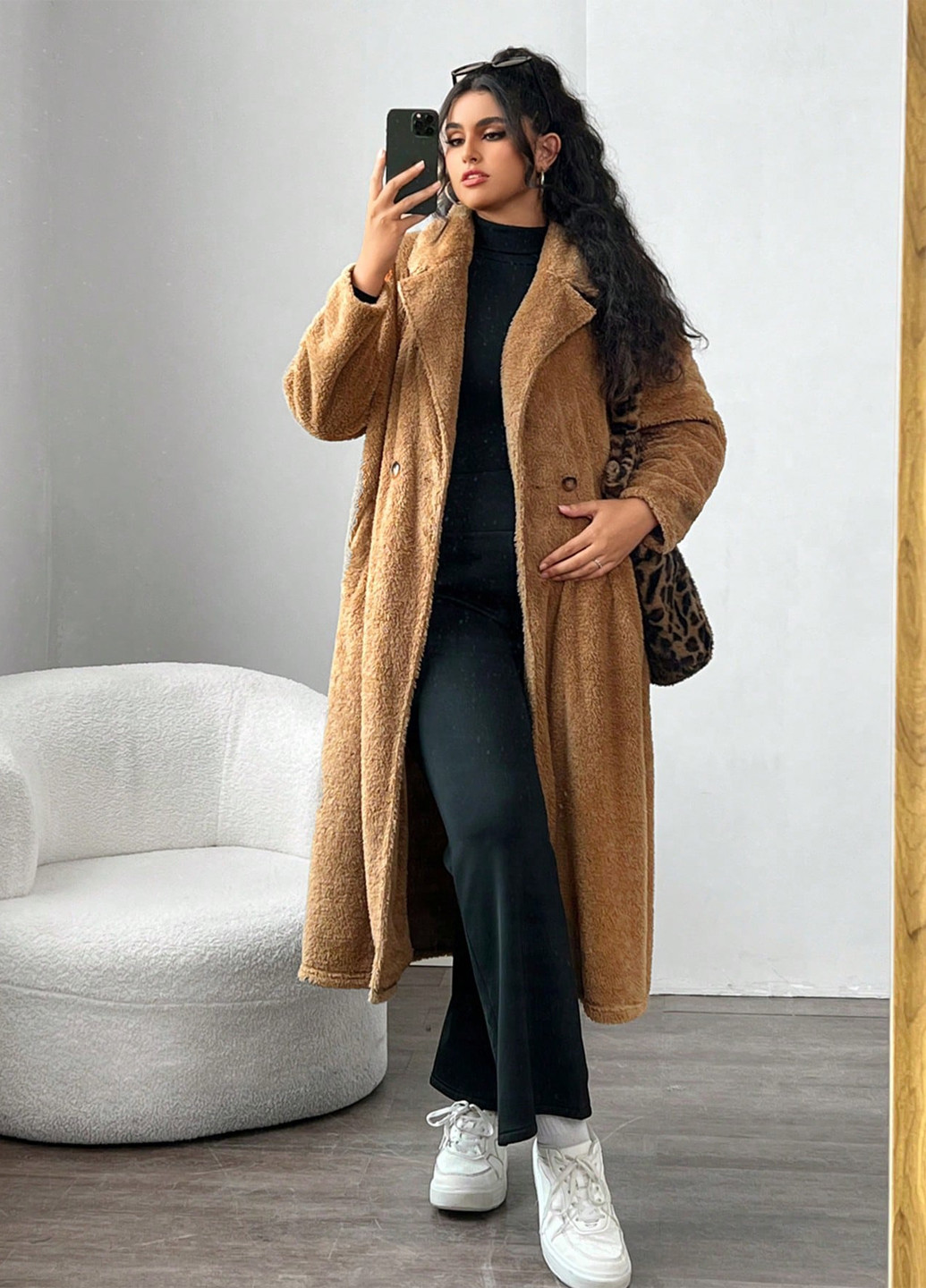 Темно-бежевое зимнее Пальто двубортное SHEIN