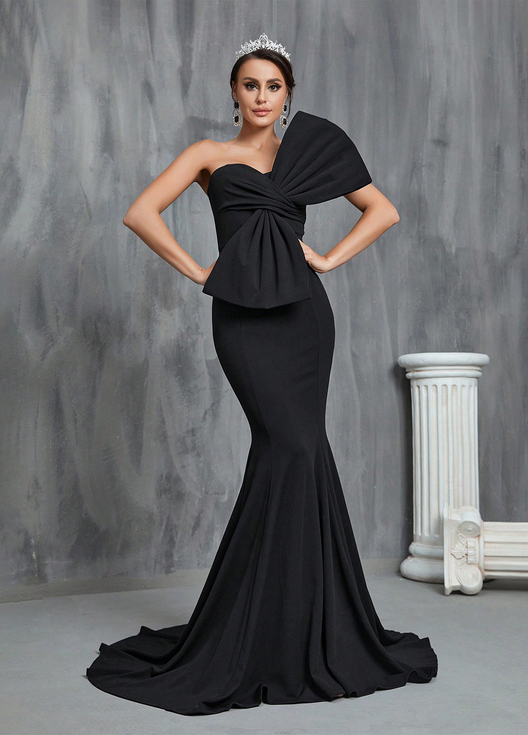 Черное праздничный, вечернее платье годе, со шлейфом Faeriesty однотонное