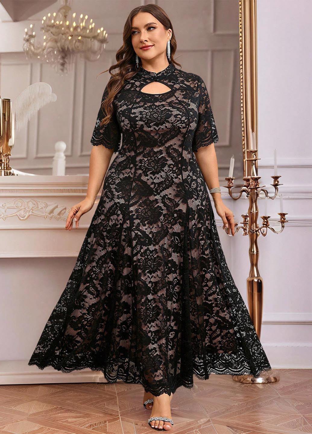 Чорна вечірня сукня силуетна, з спідницею-сонце SHEIN з квітковим принтом