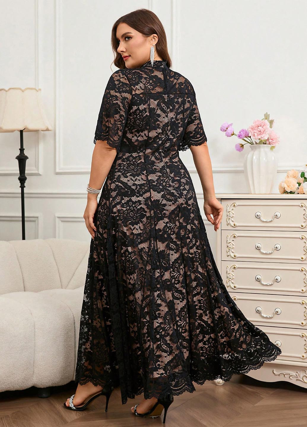Чорна вечірня сукня силуетна, з спідницею-сонце SHEIN з квітковим принтом