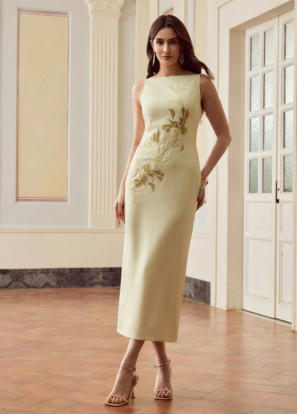 Светло-желтое праздничный, вечернее платье футляр SHEIN однотонное