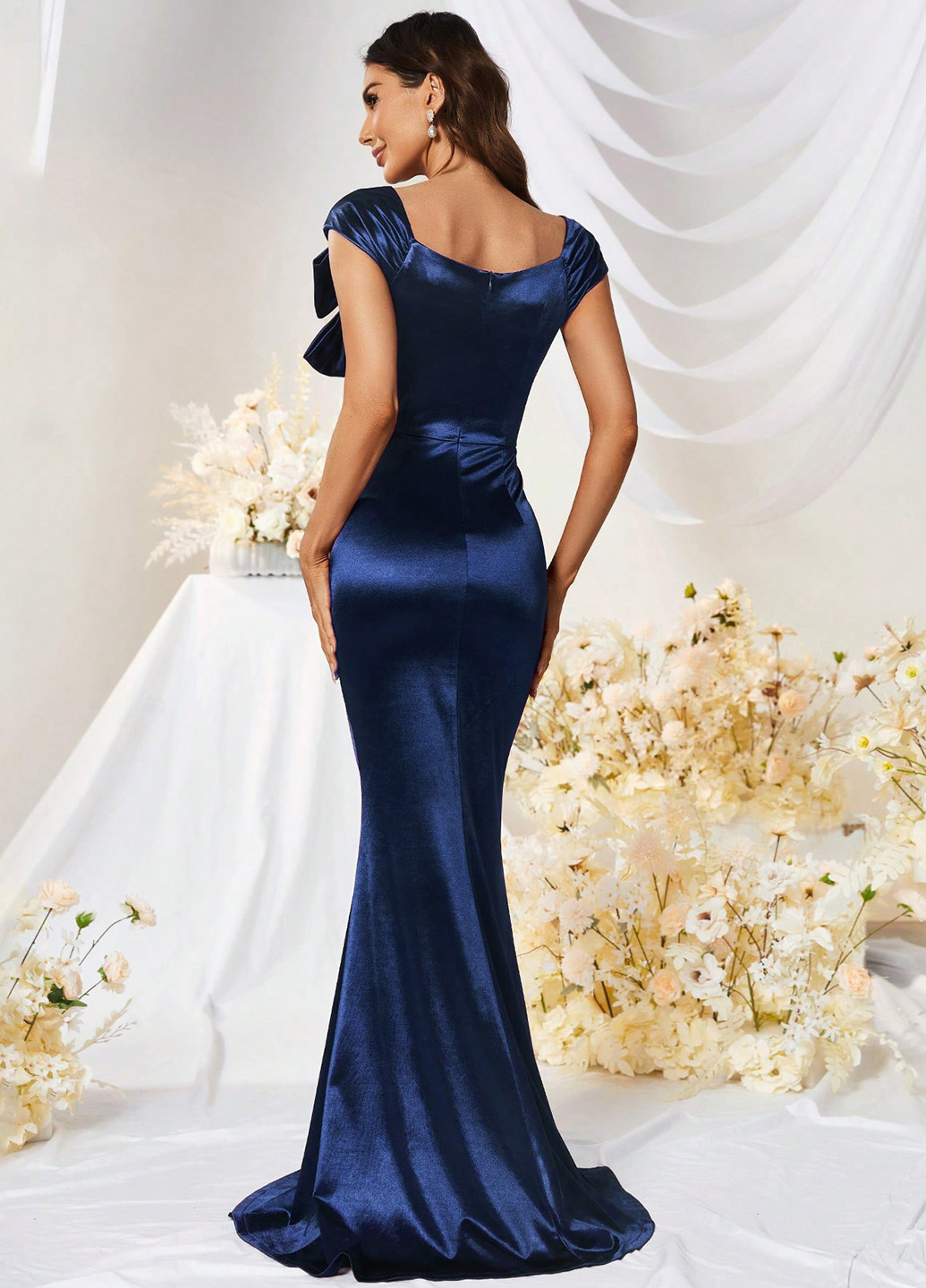 Темно-синя вечірня, святковий сукня годе, зі шлейфом SHEIN однотонна