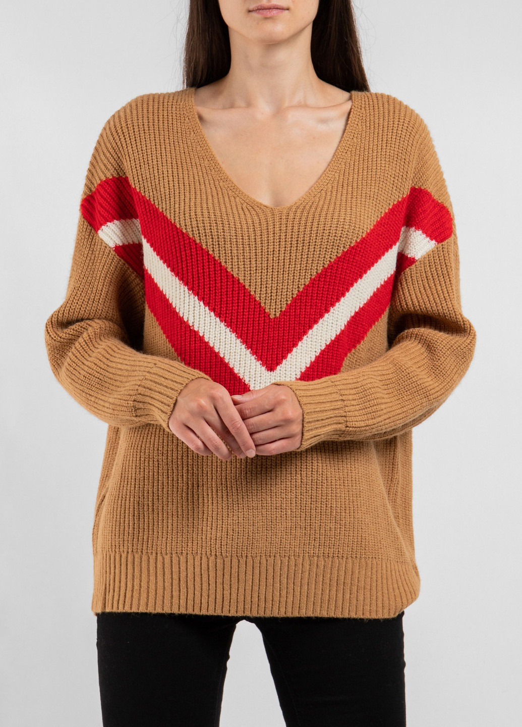 Бежевый демисезонный удлиненный пуловер цвета хаки Normcore