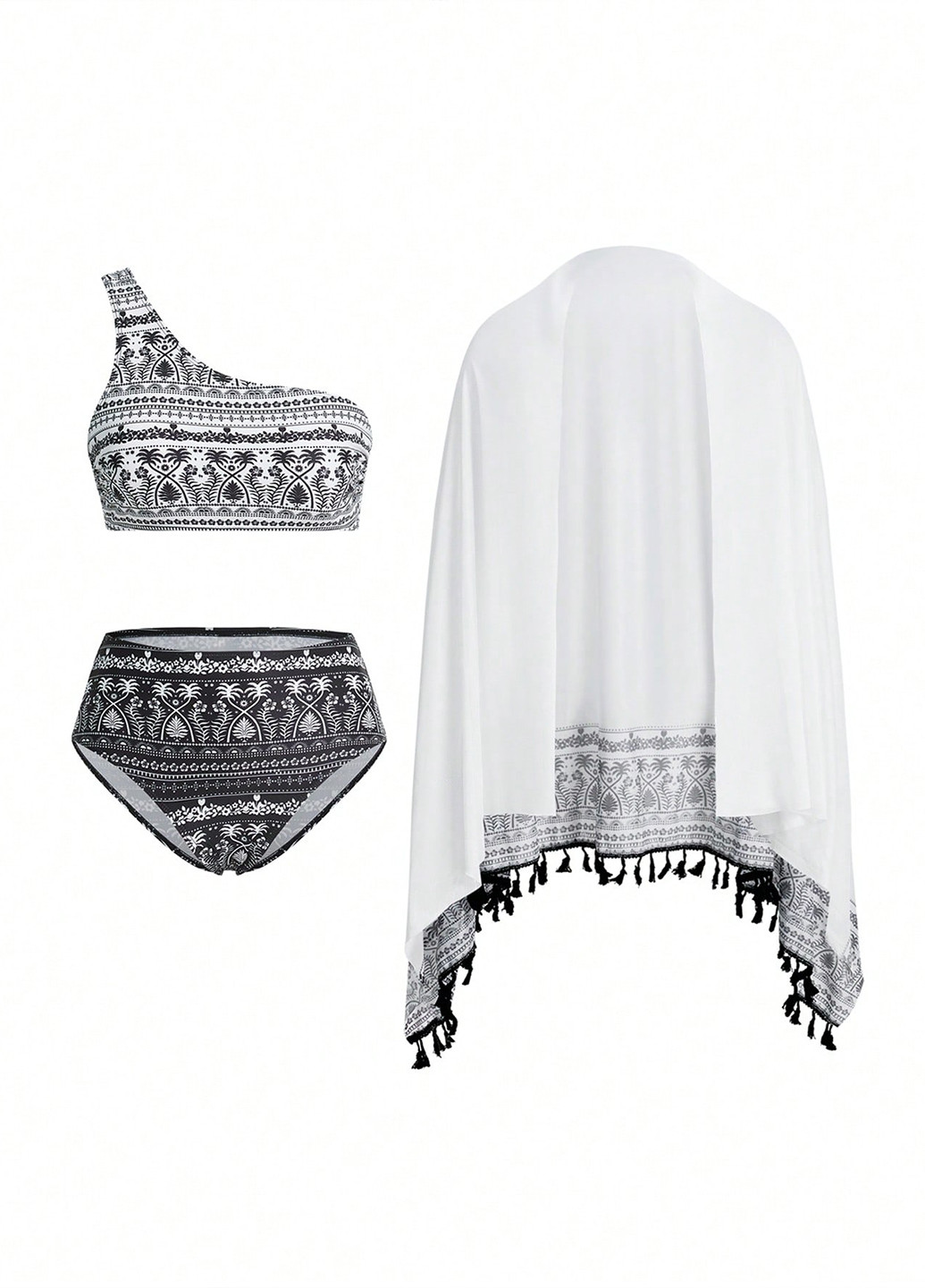Чорно-білий літній комплект (купальний ліф, купальні трусики, накидка) топ, роздільний SHEIN