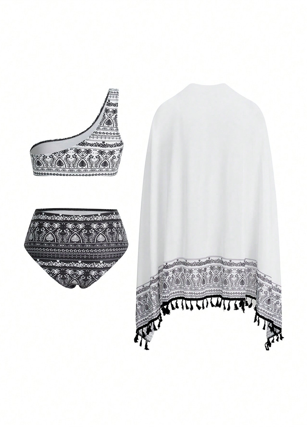 Чорно-білий літній комплект (купальний ліф, купальні трусики, накидка) топ, роздільний SHEIN