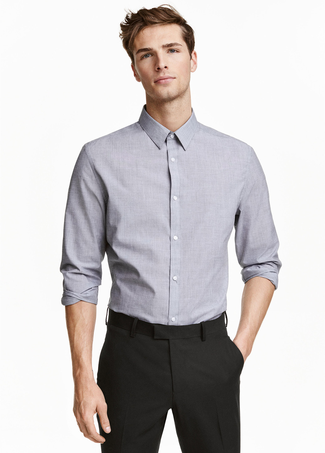 Серая кэжуал рубашка однотонная H&M с длинным рукавом