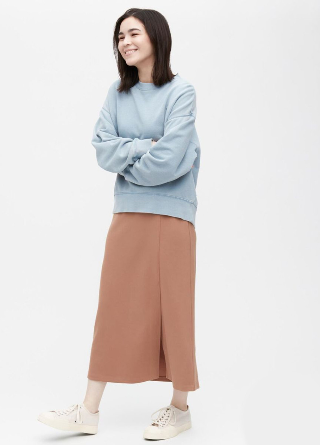 Коричневая кэжуал однотонная юбка Uniqlo а-силуэта (трапеция)