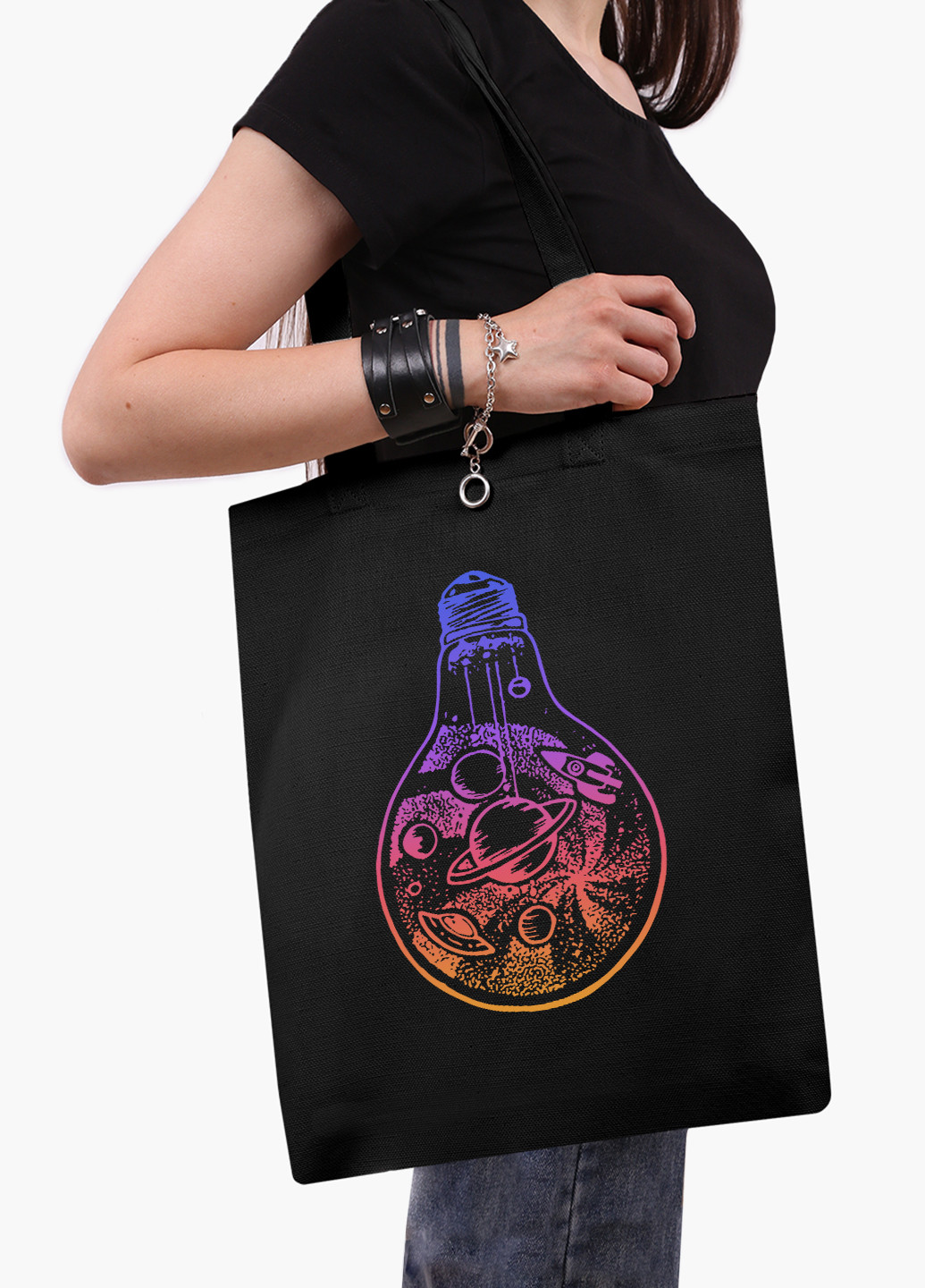 Еко сумка шоппер чорна Планети в лампочці (Planets in a light bulb) (9227-2839-BK-1) Еко сумка шоппер чорна 41*35 см MobiPrint (221682987)