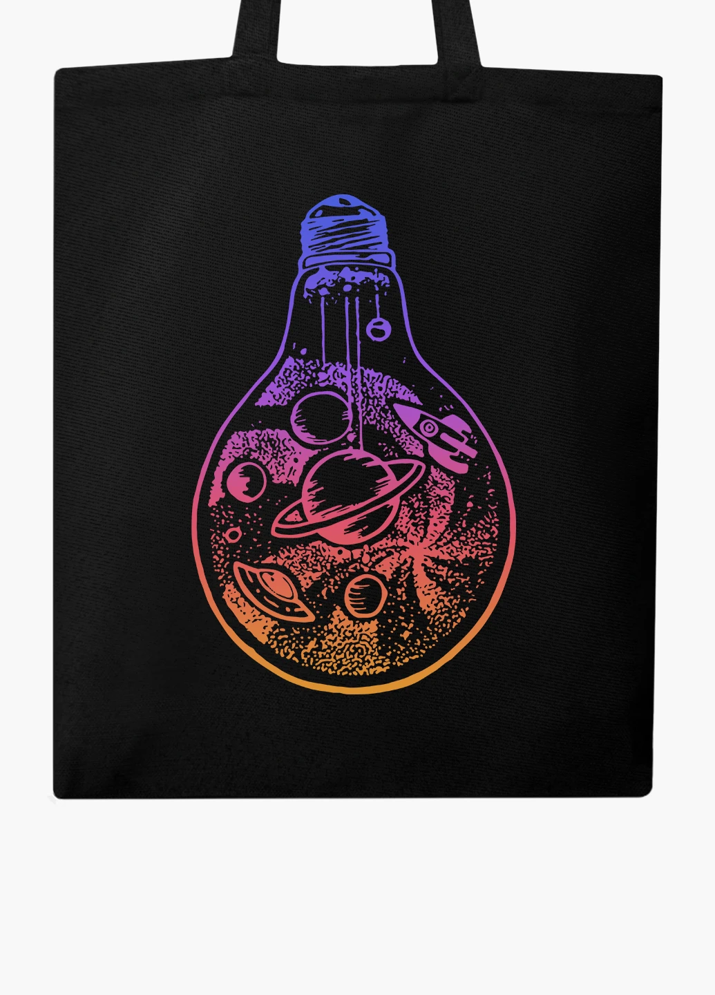 Еко сумка шоппер чорна Планети в лампочці (Planets in a light bulb) (9227-2839-BK-1) Еко сумка шоппер чорна 41*35 см MobiPrint (221682987)