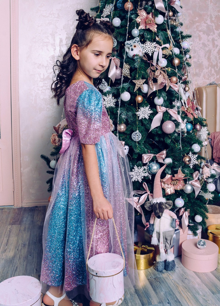 Комбинированное праздничный нарядное новогоднее платье для девочки в пол сыпка пачка Marselin с абстрактным узором