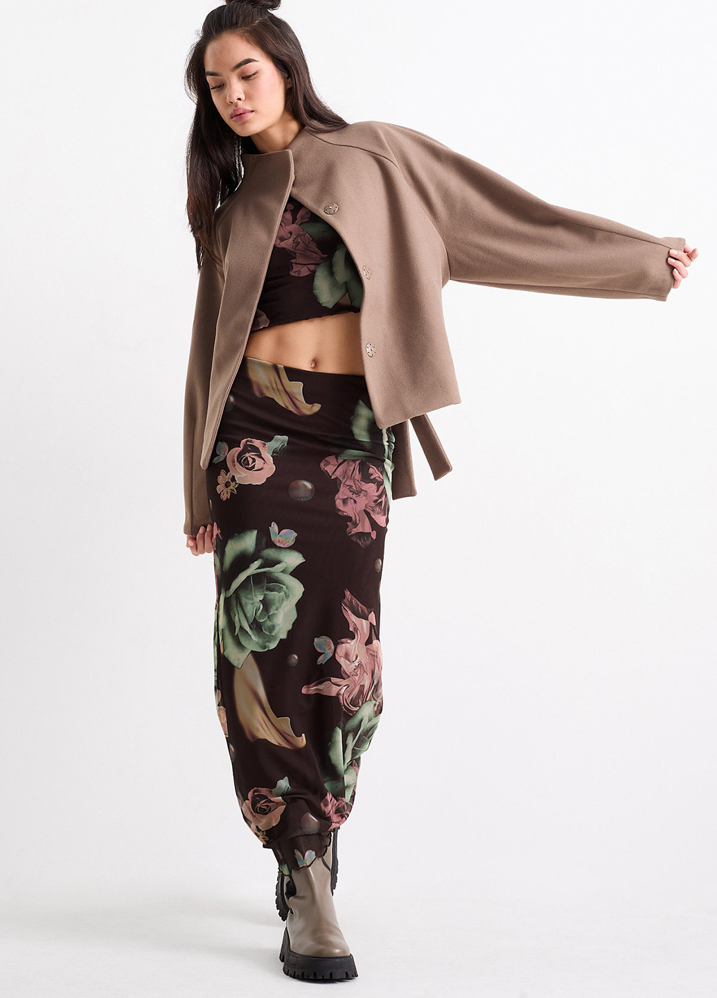 Коричневая кэжуал цветочной расцветки юбка C&A а-силуэта (трапеция)