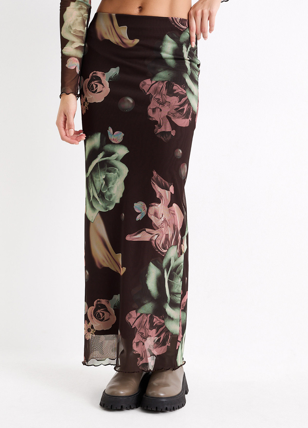 Коричневая кэжуал цветочной расцветки юбка C&A а-силуэта (трапеция)