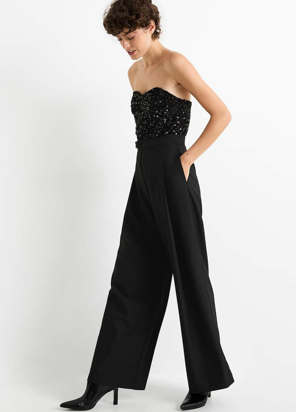 Комбинезон C&A комбинезон-брюки однотонный чёрный вечерний вискоза