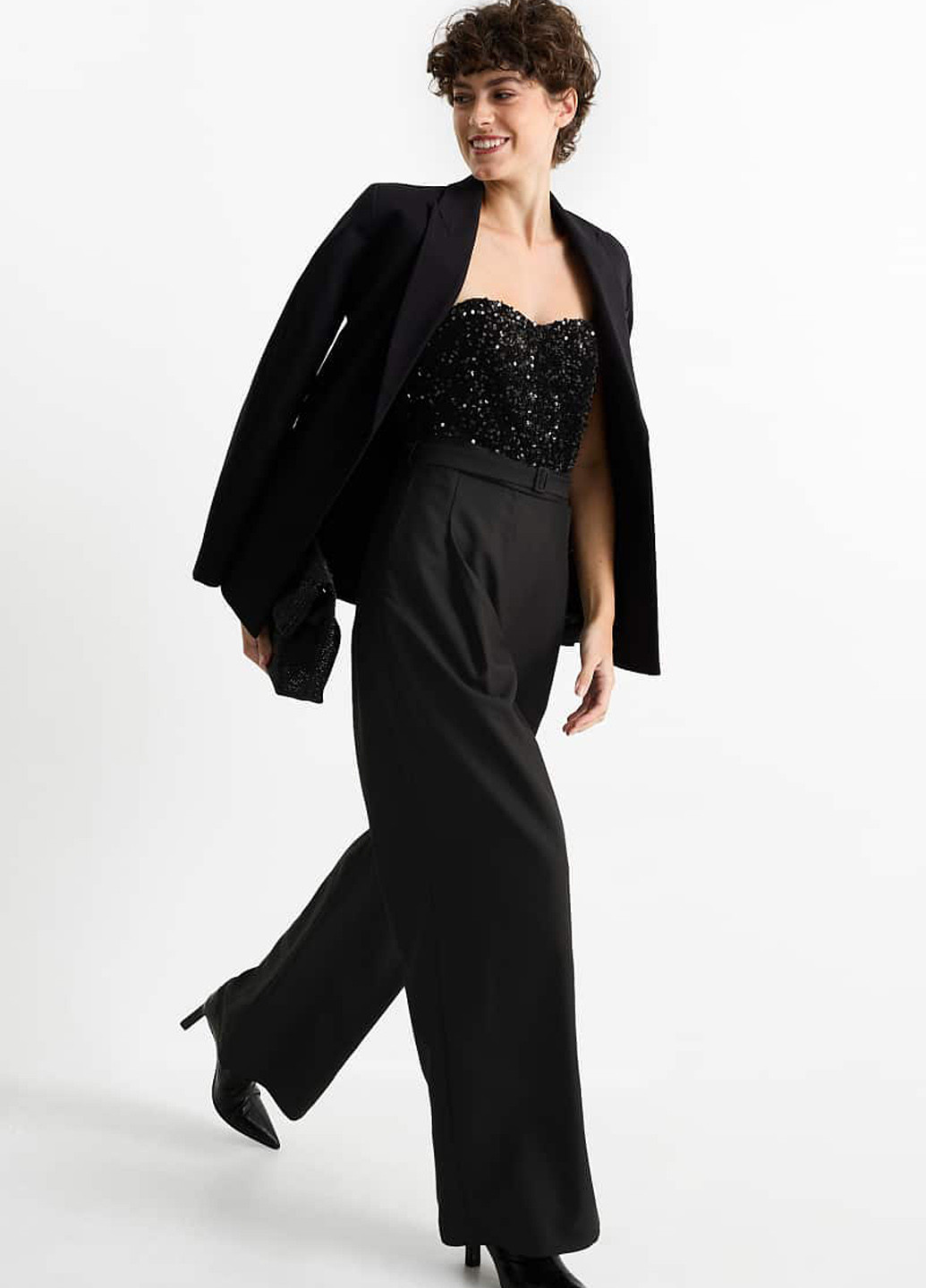 Комбинезон C&A комбинезон-брюки однотонный чёрный вечерний вискоза