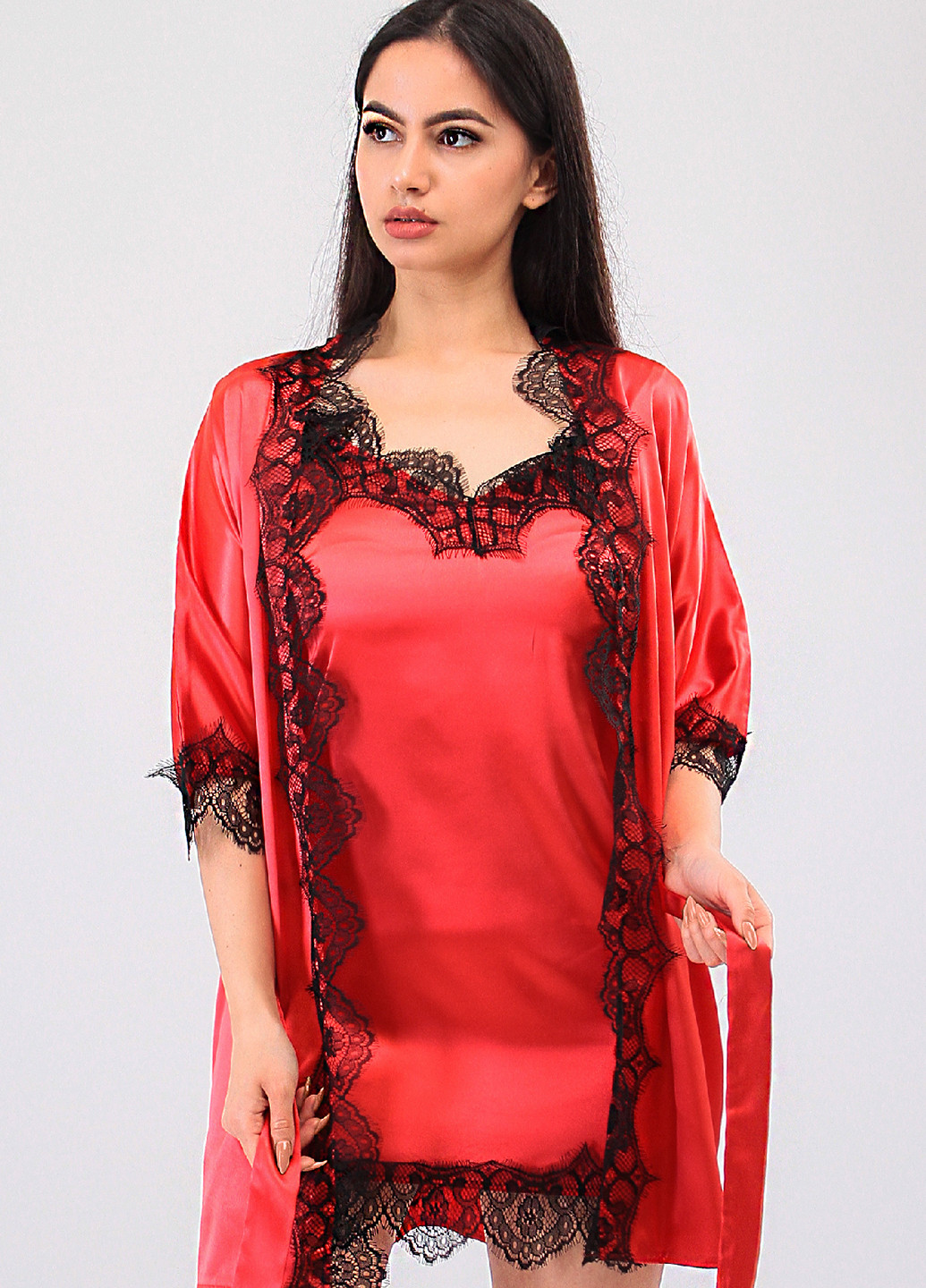 Красный демисезонный комплект (ночная рубашка, халат) Ghazel