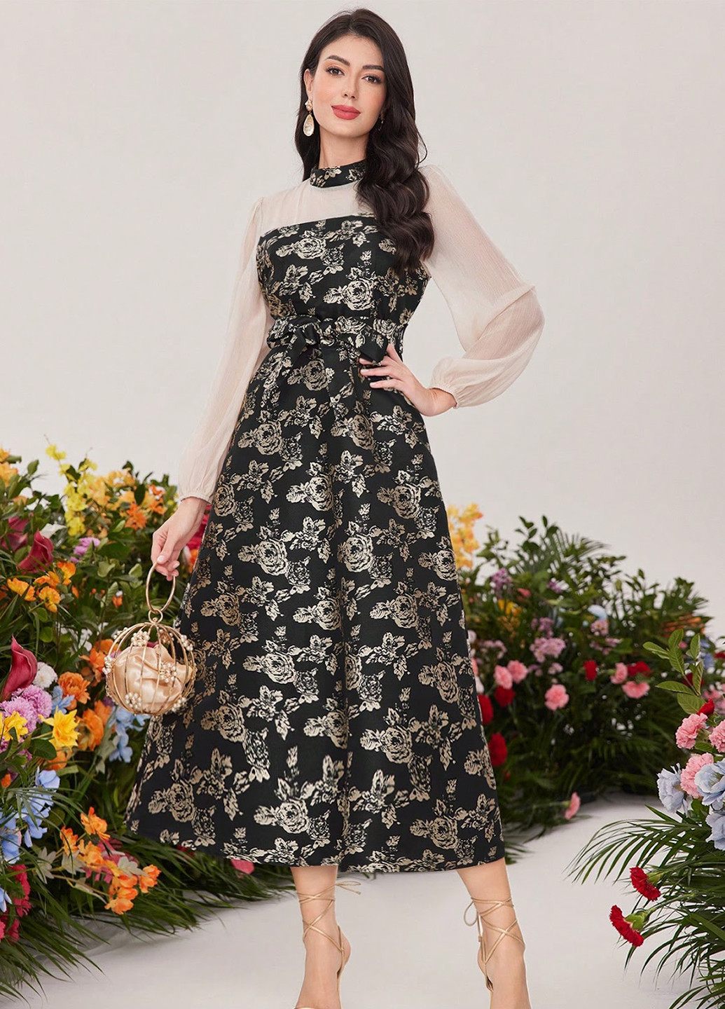 Чорна святковий, вечірня сукня кльош SHEIN з квітковим принтом