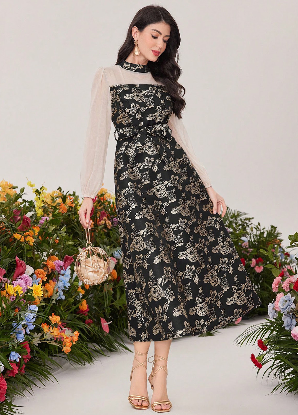 Чорна святковий, вечірня сукня кльош SHEIN з квітковим принтом