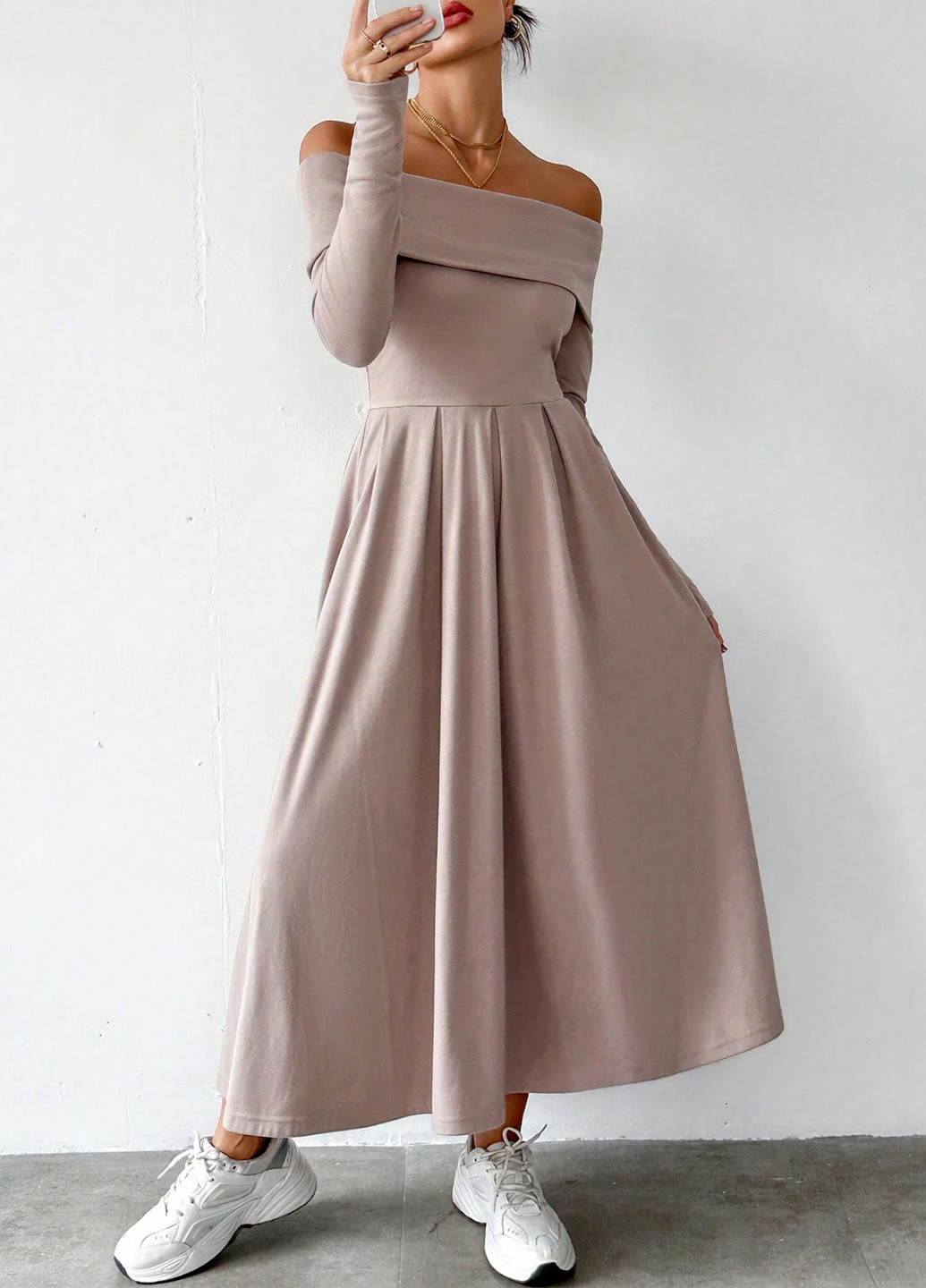 Сіро-бежева кежуал сукня кльош, з відкритими плечима SHEIN однотонна