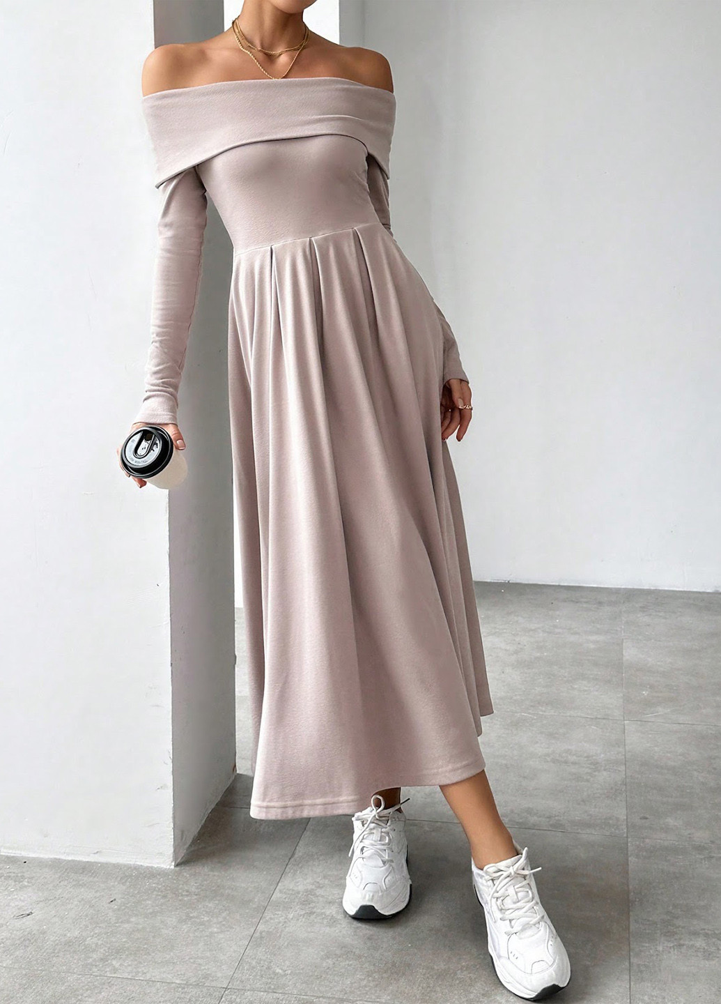 Сіро-бежева кежуал сукня кльош, з відкритими плечима SHEIN однотонна