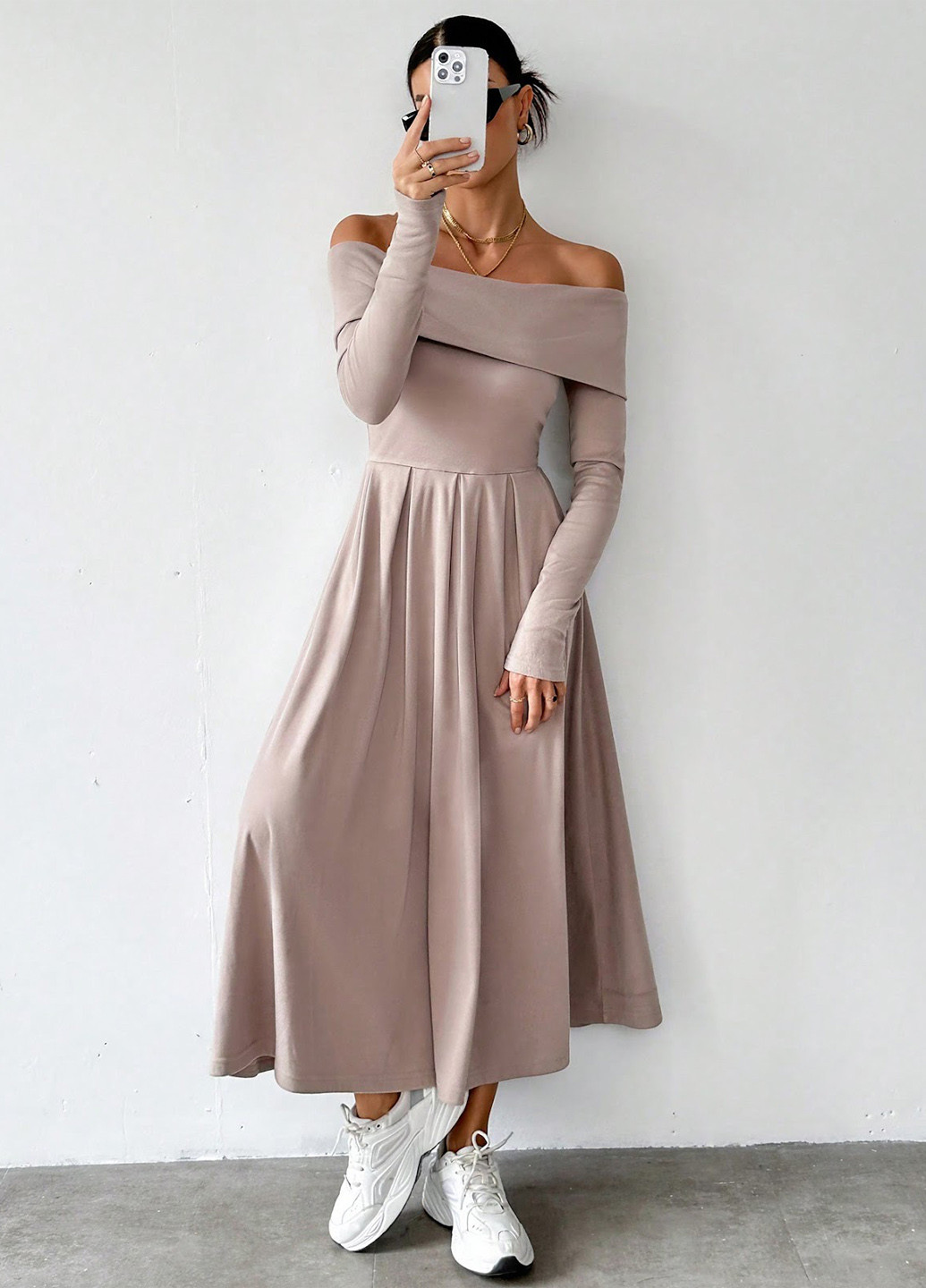 Сіро-бежева кежуал сукня кльош, з відкритими плечима SHEIN однотонна