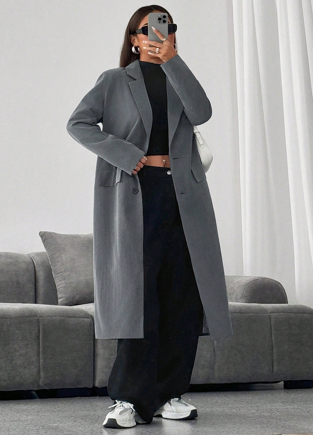 Сіре демісезонне Пальто однобортне SHEIN