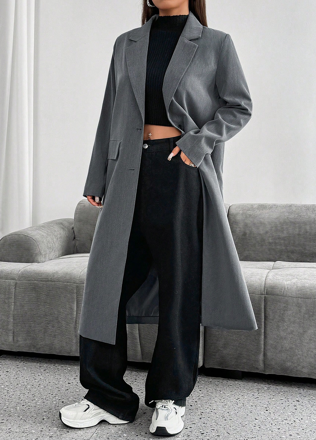 Сіре демісезонне Пальто однобортне SHEIN