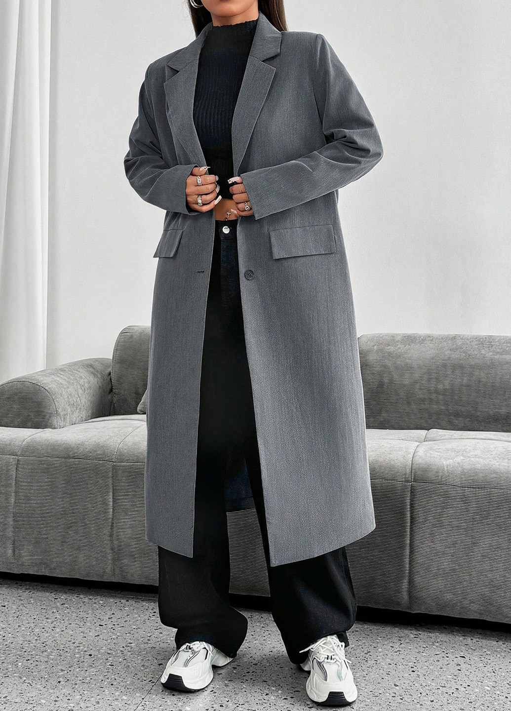 Сіре демісезонне Пальто однобортне SHEIN