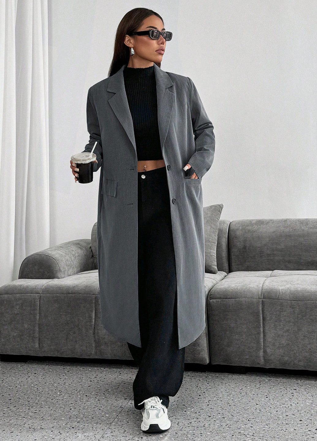 Сіре демісезонне Пальто однобортне SHEIN