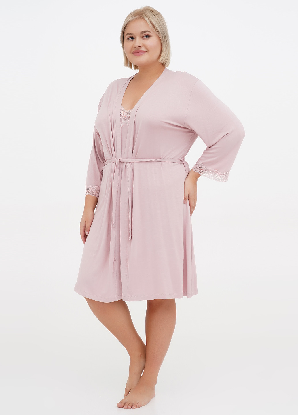Пудровий демісезонний комплект (халат, нічна сорочка) Cotpark