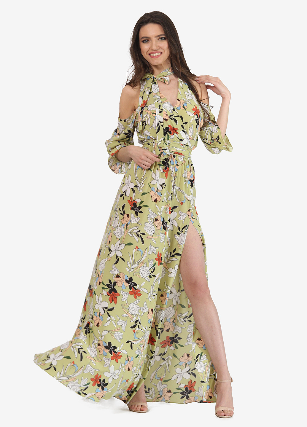 Оливковое кэжуал платье на запах Lila Kass с цветочным принтом