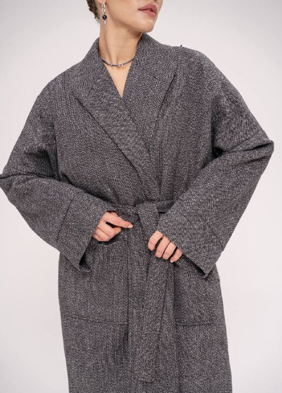 Серое демисезонное Длинное пальто Кимоно на запах с поясом ZF inspire