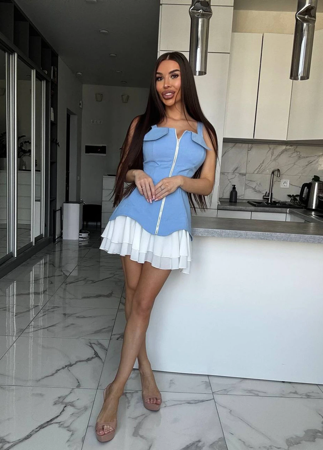 Блакитна кежуал сукня кльош Fashion колор блок