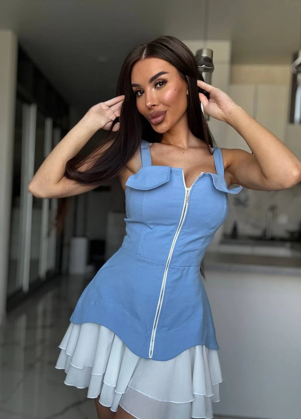 Блакитна кежуал сукня кльош Fashion колор блок