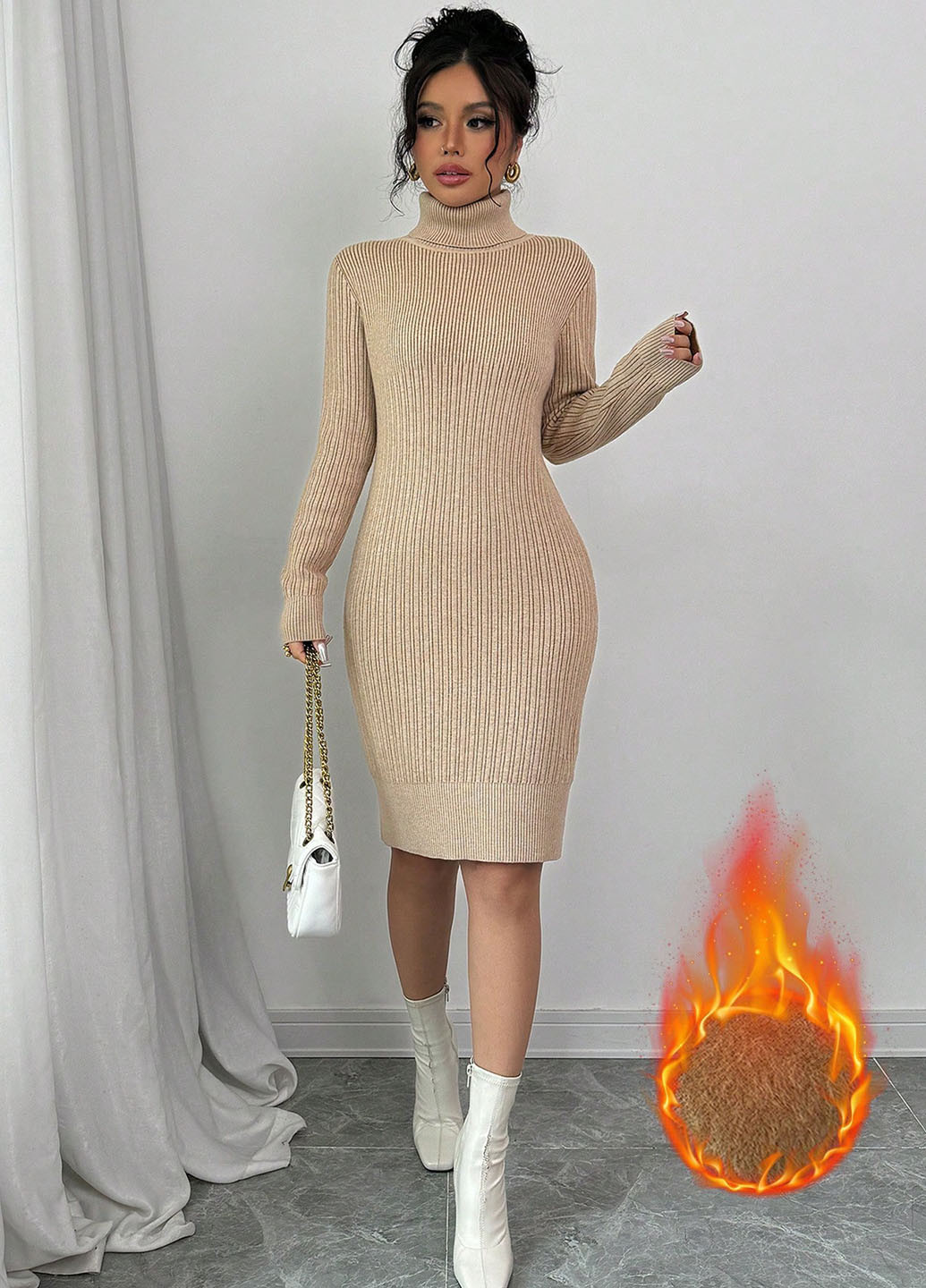 Песочное кэжуал платье платье-свитер SHEIN однотонное