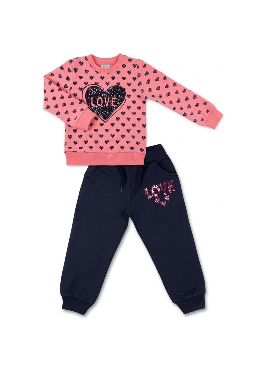 Коралловый демисезонный костюм десткий кофта с брюками с сердечком из пайеток (8271-98g-pink) Breeze