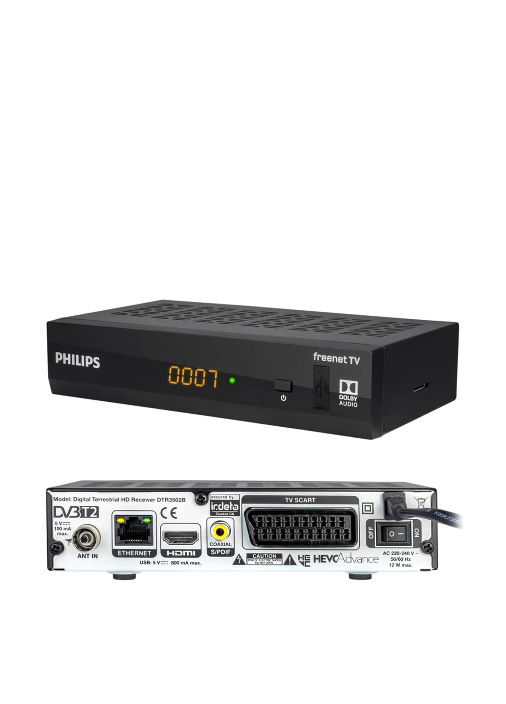 Телевизионная приставка Ethernet (RJ-45) DTR3502B с антенной, 17,5х9 см Philips чёрные