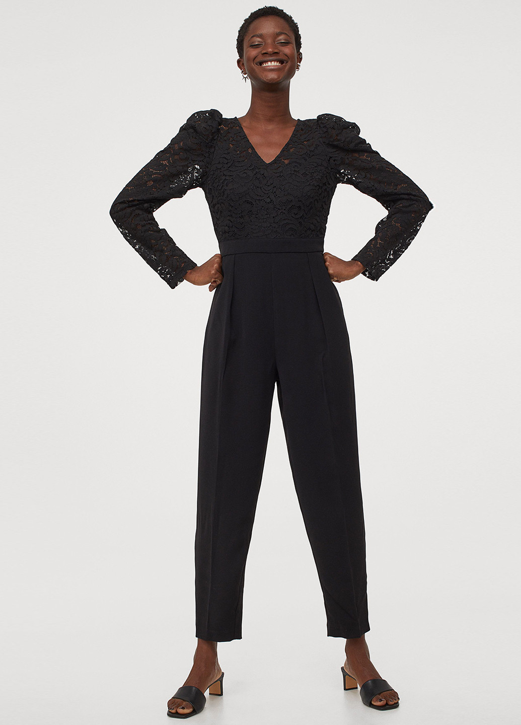 Комбинезон H&M комбинезон-брюки однотонный чёрный кэжуал кружево, полиэстер