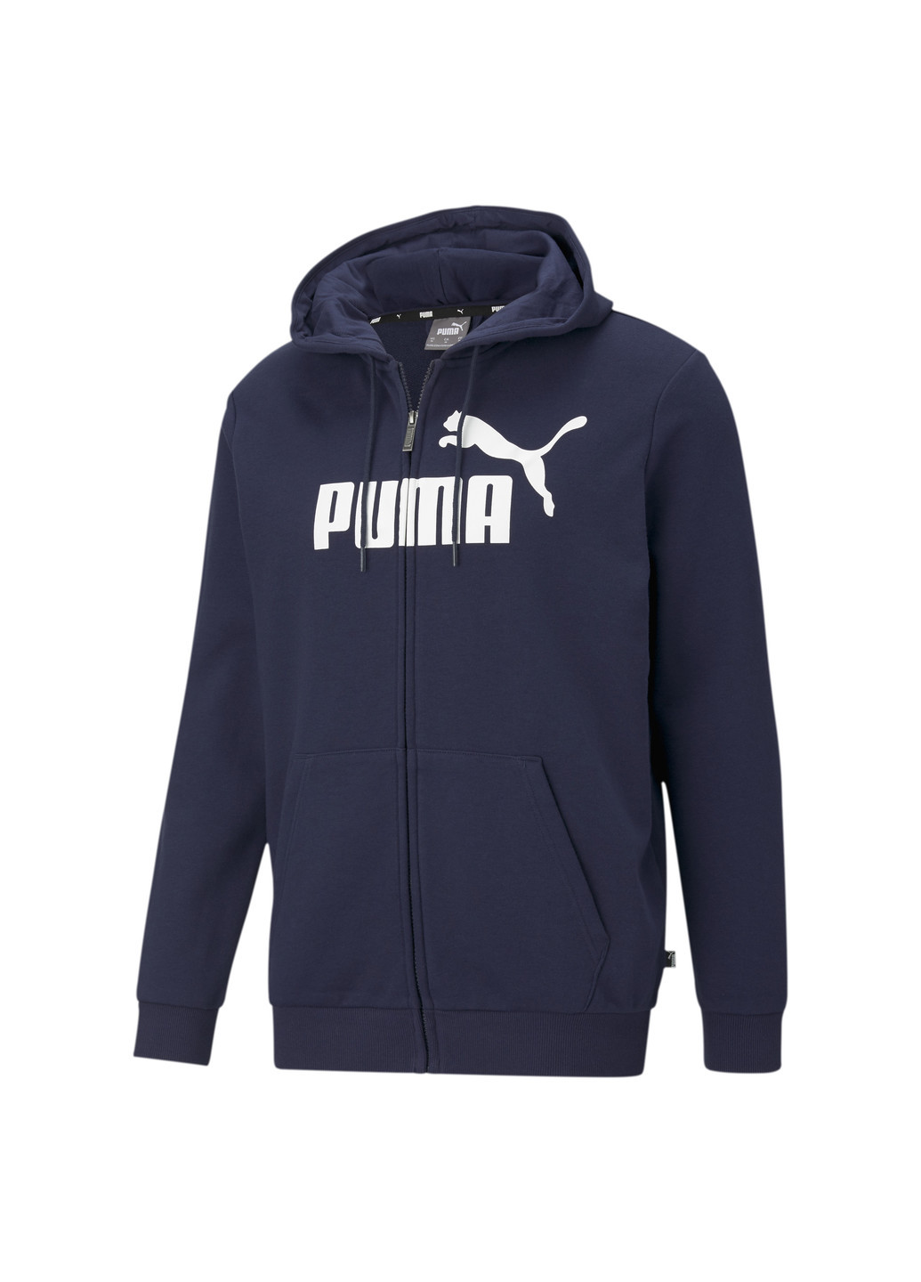 Толстовка Essentials Big Logo Full-Zip Men's Hoodie Puma однотонная синяя спортивная хлопок, полиэстер, эластан